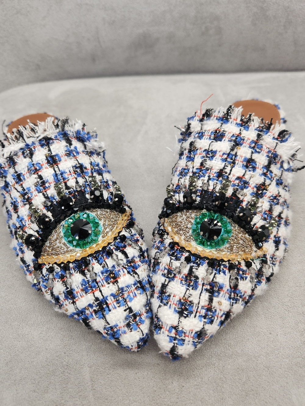 Kurt Geiger Mules 5 Blue White Tweed Plaid Olive Eye Fray Beaded Pointy New $195 - Picture 9 of 17